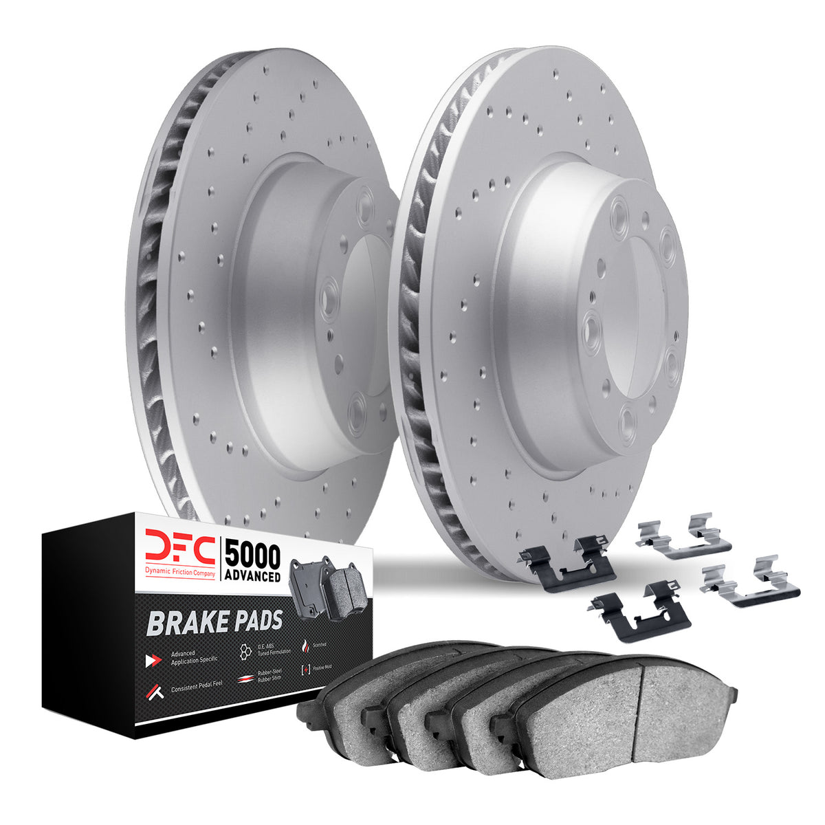 2512-73229 DFC Geoperformance Rotors-Drilled with 5000 Advanced Brake Pads includes Hardware